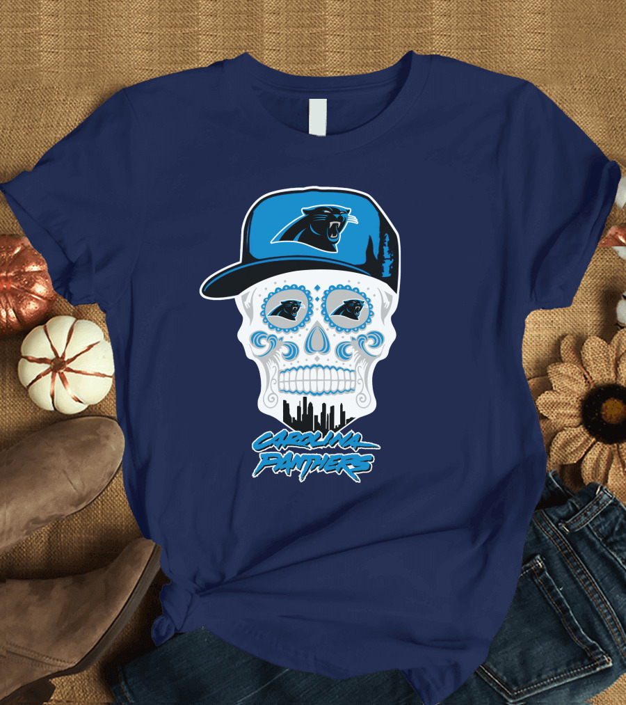 Carolina Panthers Skull Design With Panther Eyes And Cap T-Shirt