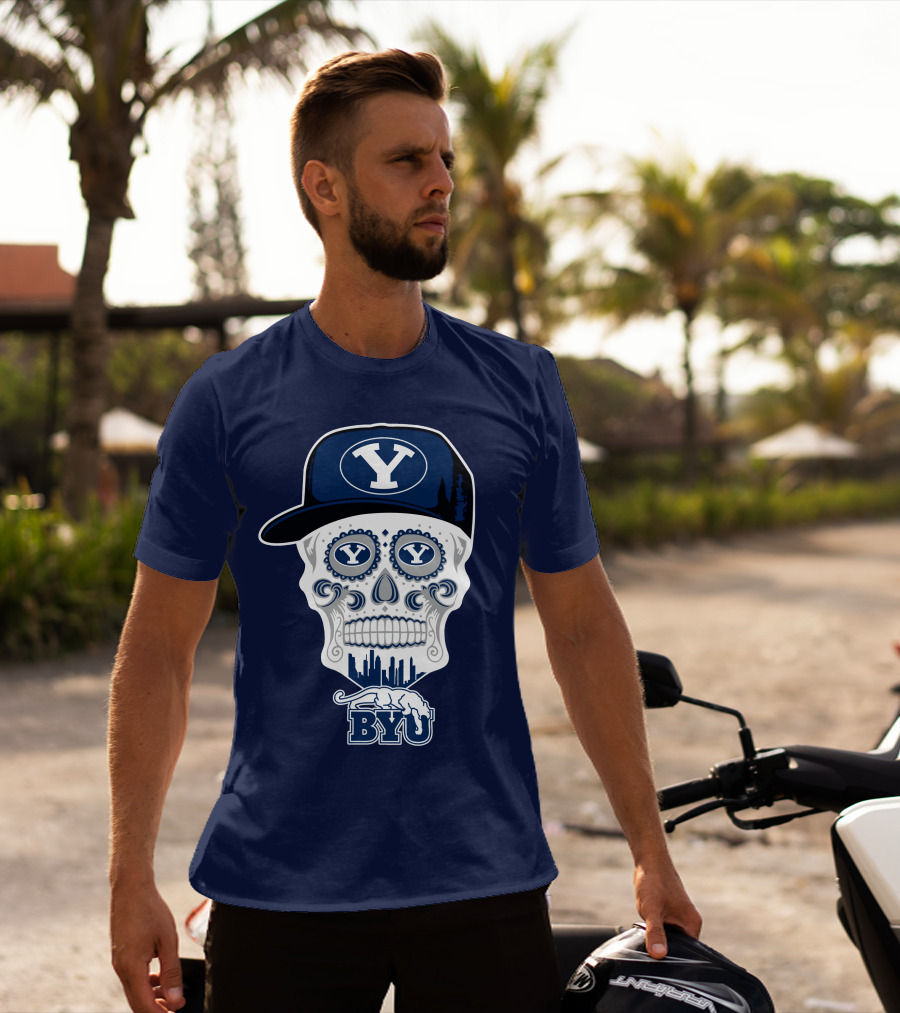 Byu Cougars Skull With Y Hat And Cityscape T-Shirt