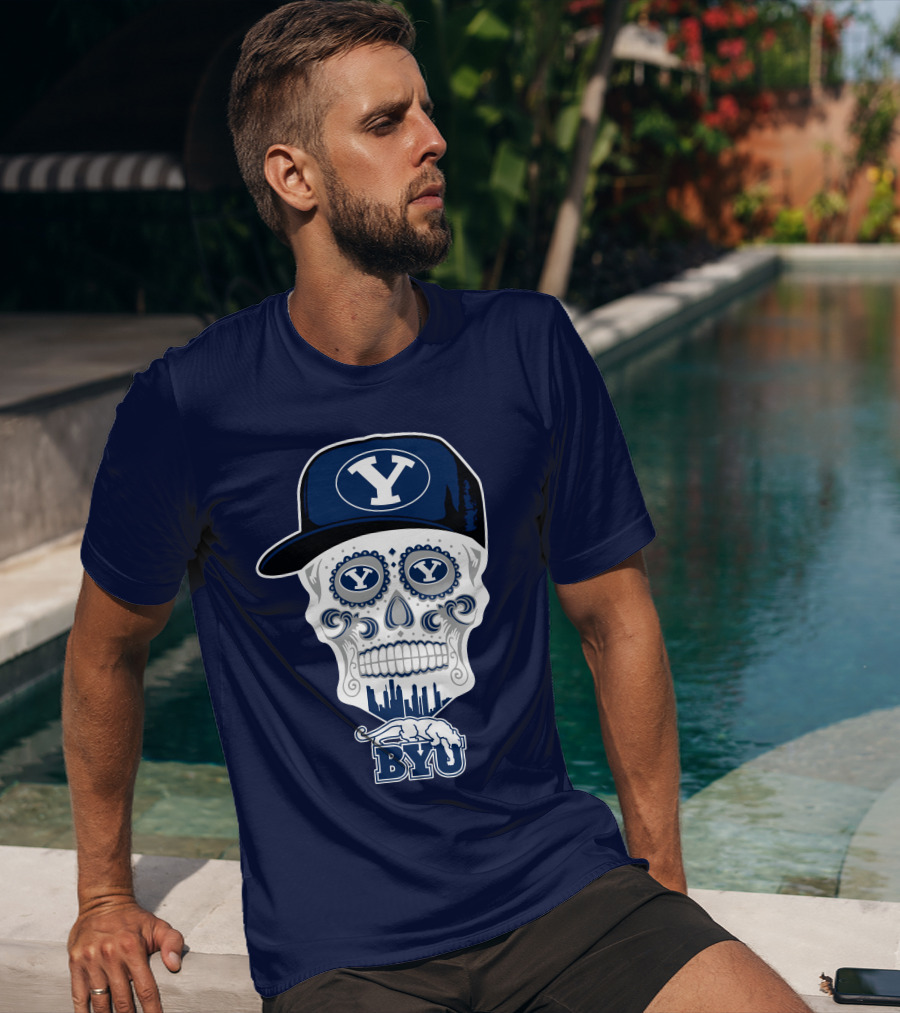 Byu Cougars Skull With Y Hat And Cityscape T-Shirt