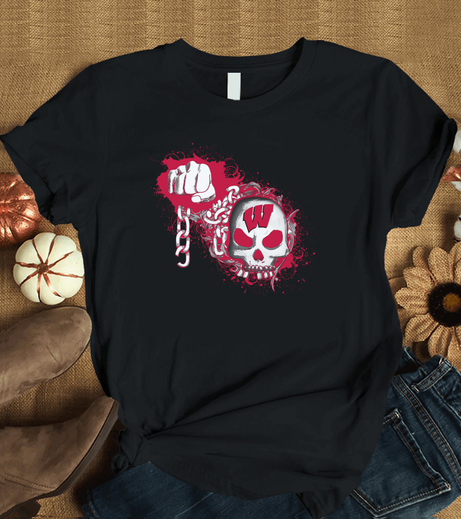 W Skull And Fist With Chain Red And White T-Shirt