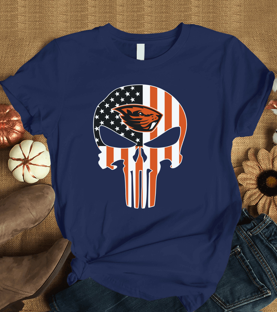 Oregon State Beavers American Flag Skull Logo Punisher 29 T-Shirt