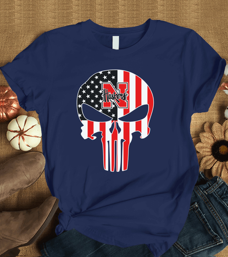 Nebraska Cornhuskers Punisher Skull American Flag T-Shirt