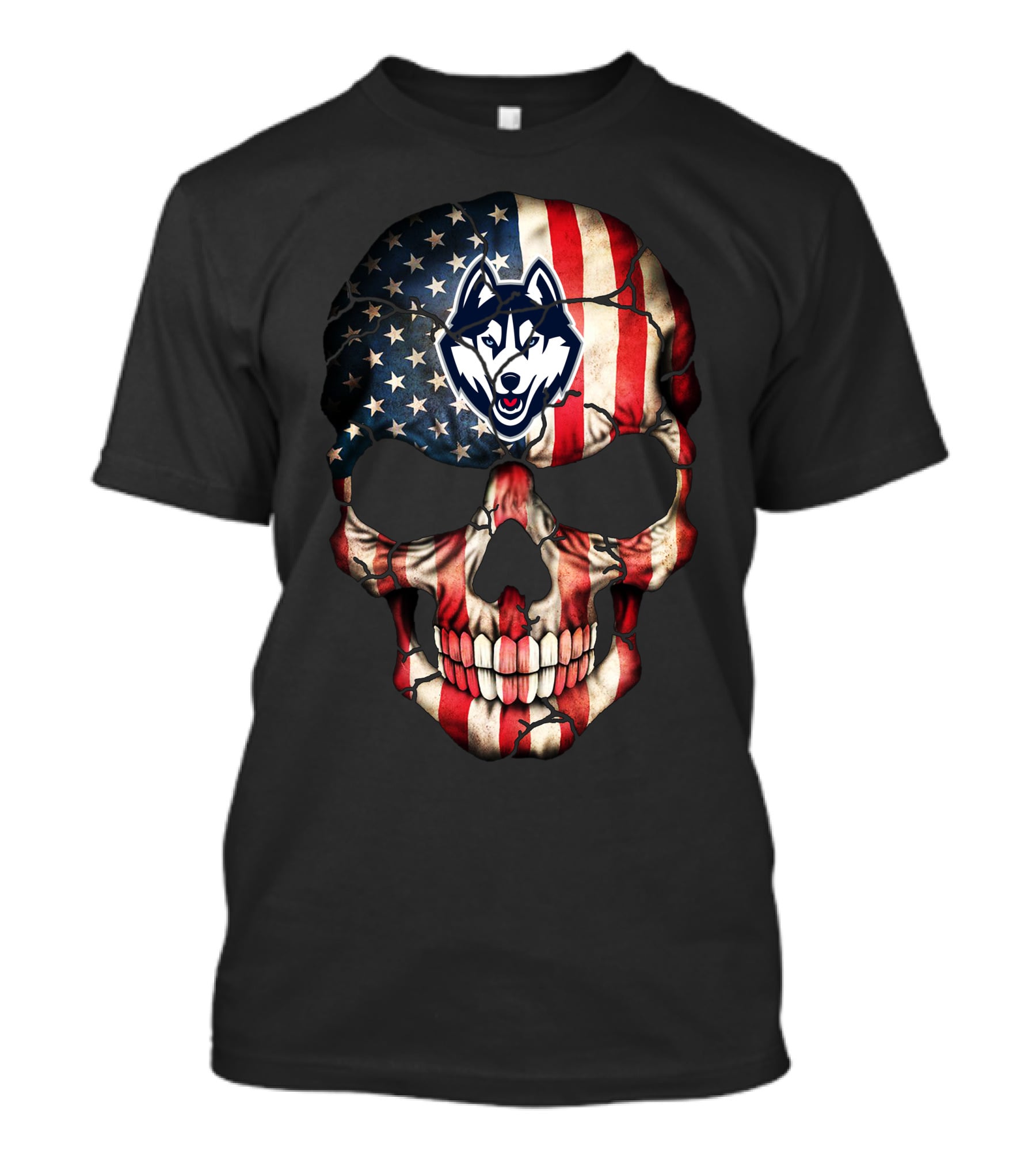 Uconn Huskies American Flag Skull T-Shirt