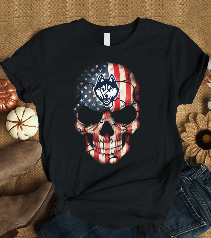 Uconn Huskies American Flag Skull T-Shirt