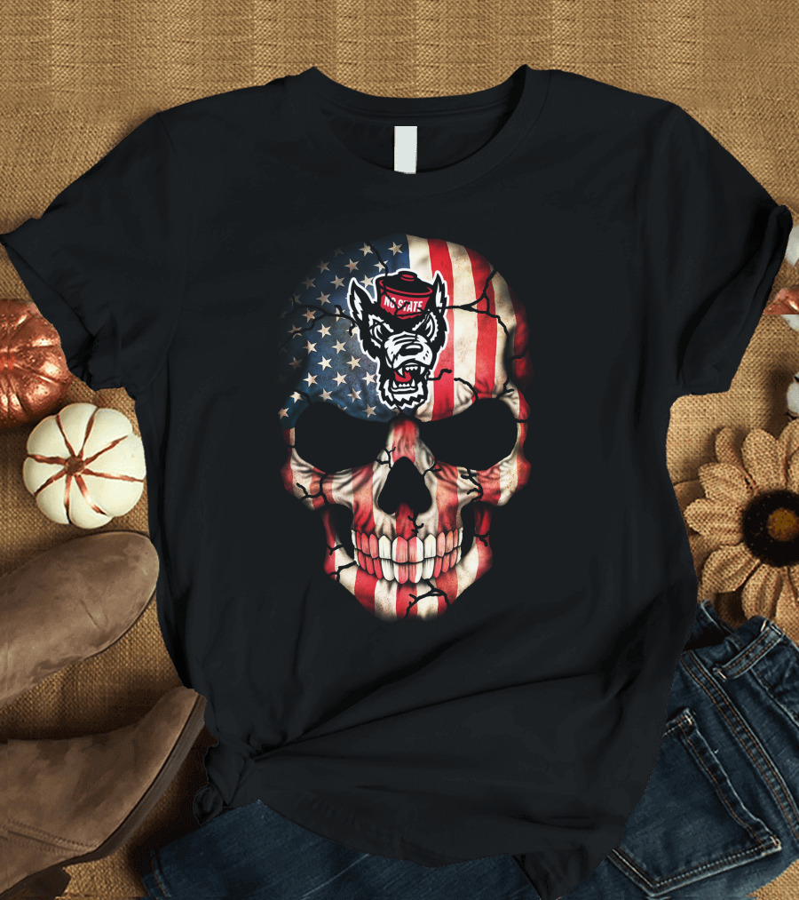 Nc State Wolfpack American Flag Skull T-Shirt