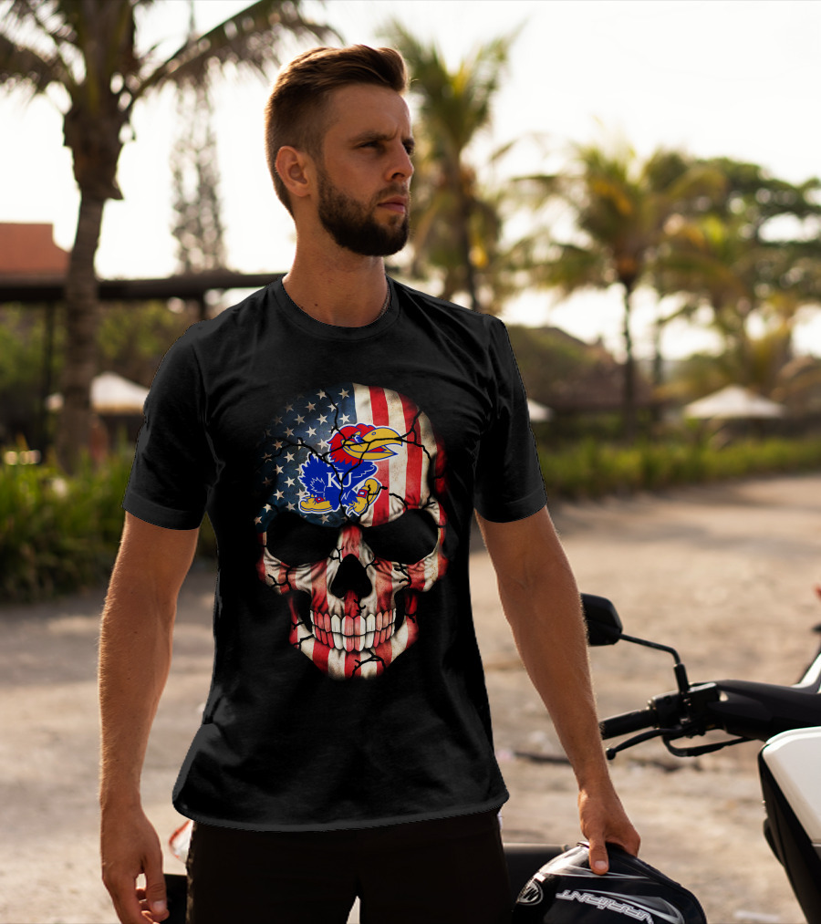 Patriotic Skull With Kansas Jayhawks Logo American Flag 80S Style T-Shirt