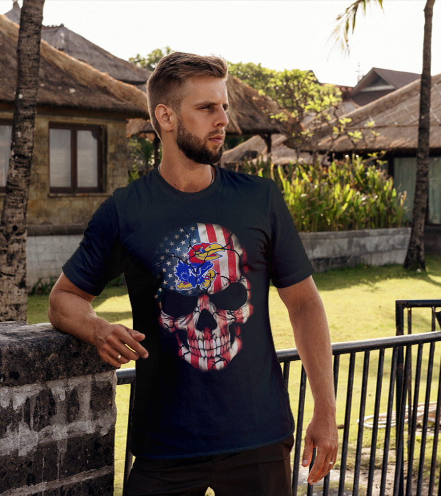 Patriotic Skull With Kansas Jayhawks Logo American Flag 80S Style T-Shirt