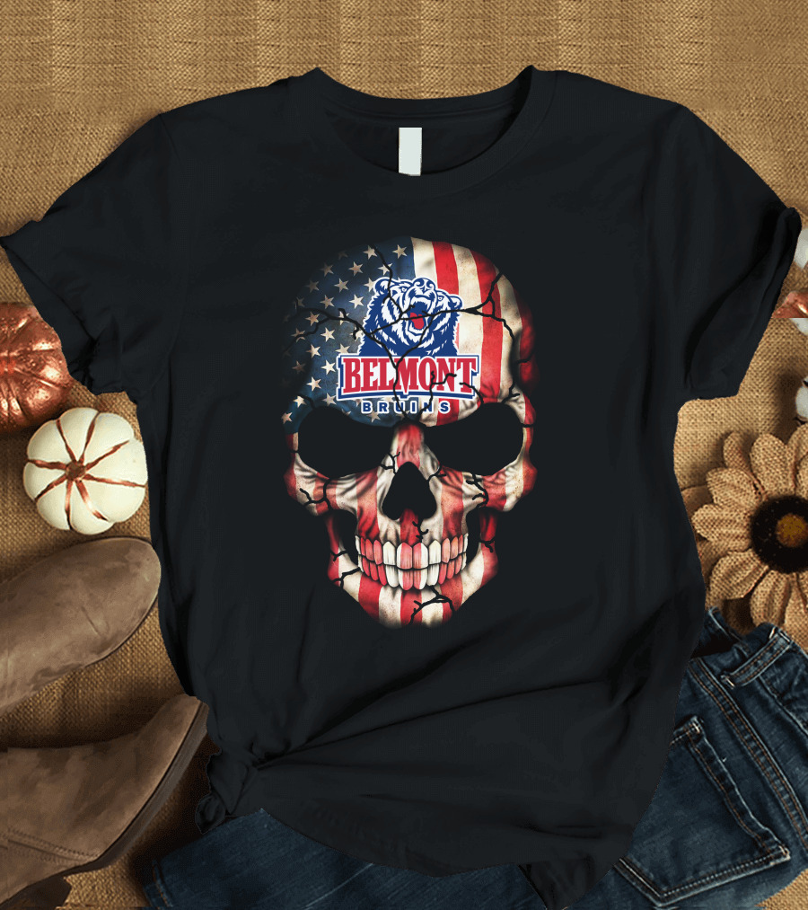 Belmont Bruins American Flag Skull With Bear T-Shirt