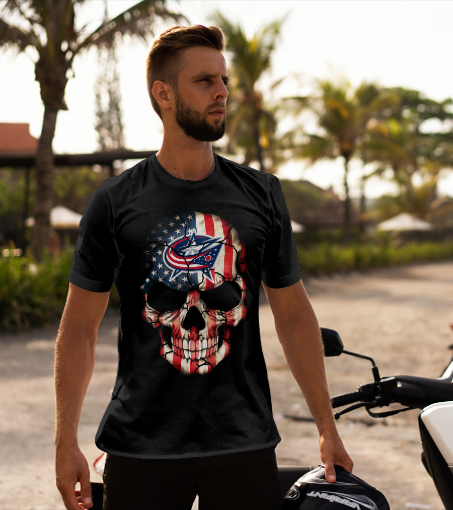 American Flag Skull With Columbus Blue Jackets T-Shirt