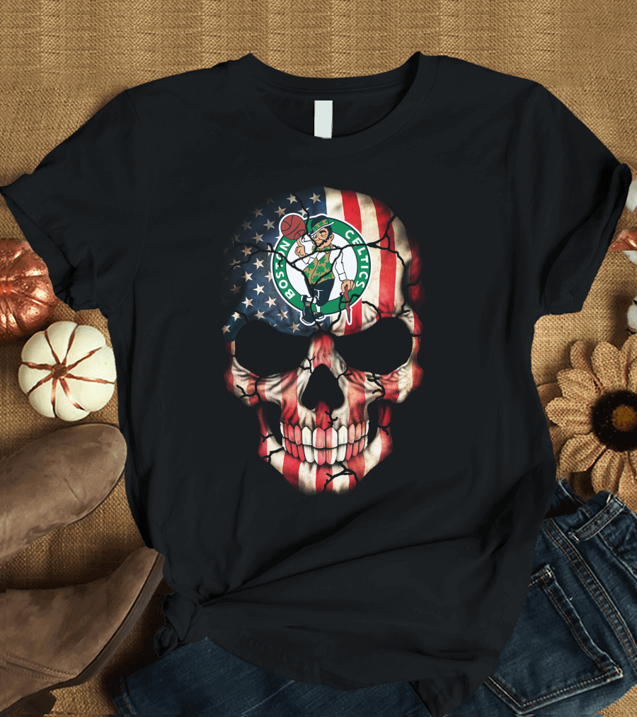 Boston Celtics American Flag Skull T-Shirt