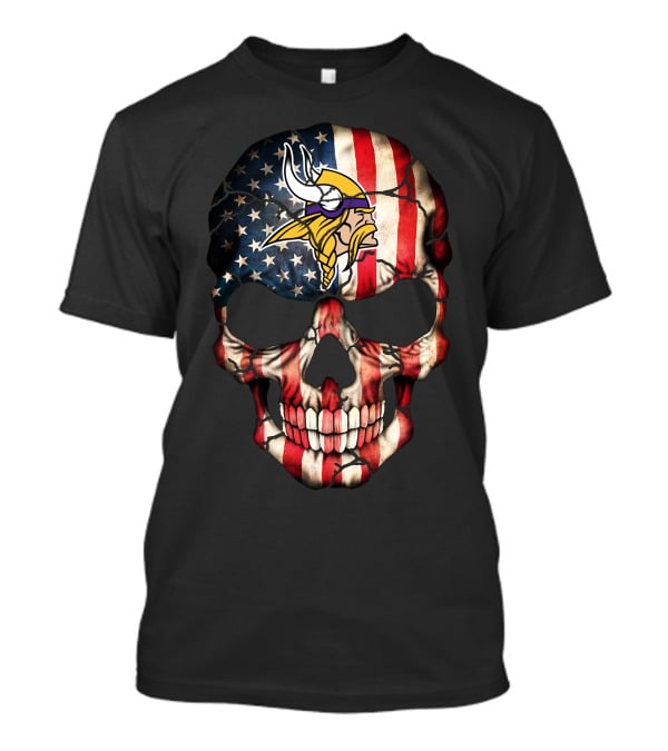 Skull With American Flag And Minnesota Vikings T-Shirt