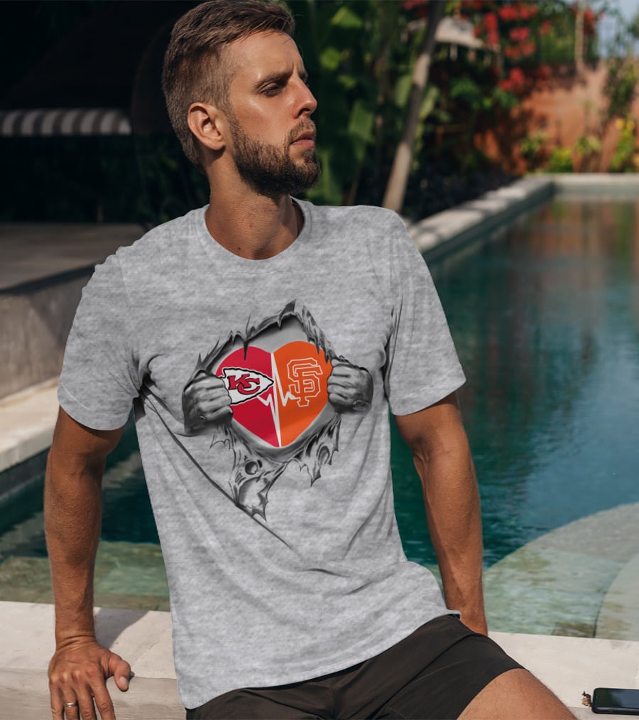 Chiefs San Francisco Giants Heart With Logos Chiefs Arrowhead Sf Monogram T-Shirt