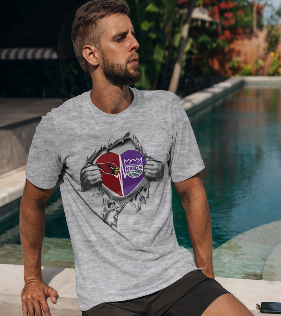 Cardinals Sacramento Kings Heart With Logos Tearing Through Gray T-Shirt