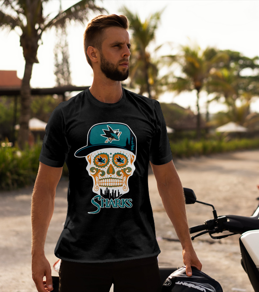 San Jose Sharks Sugar Skull Logo With Hat And City Skyline T-Shirt