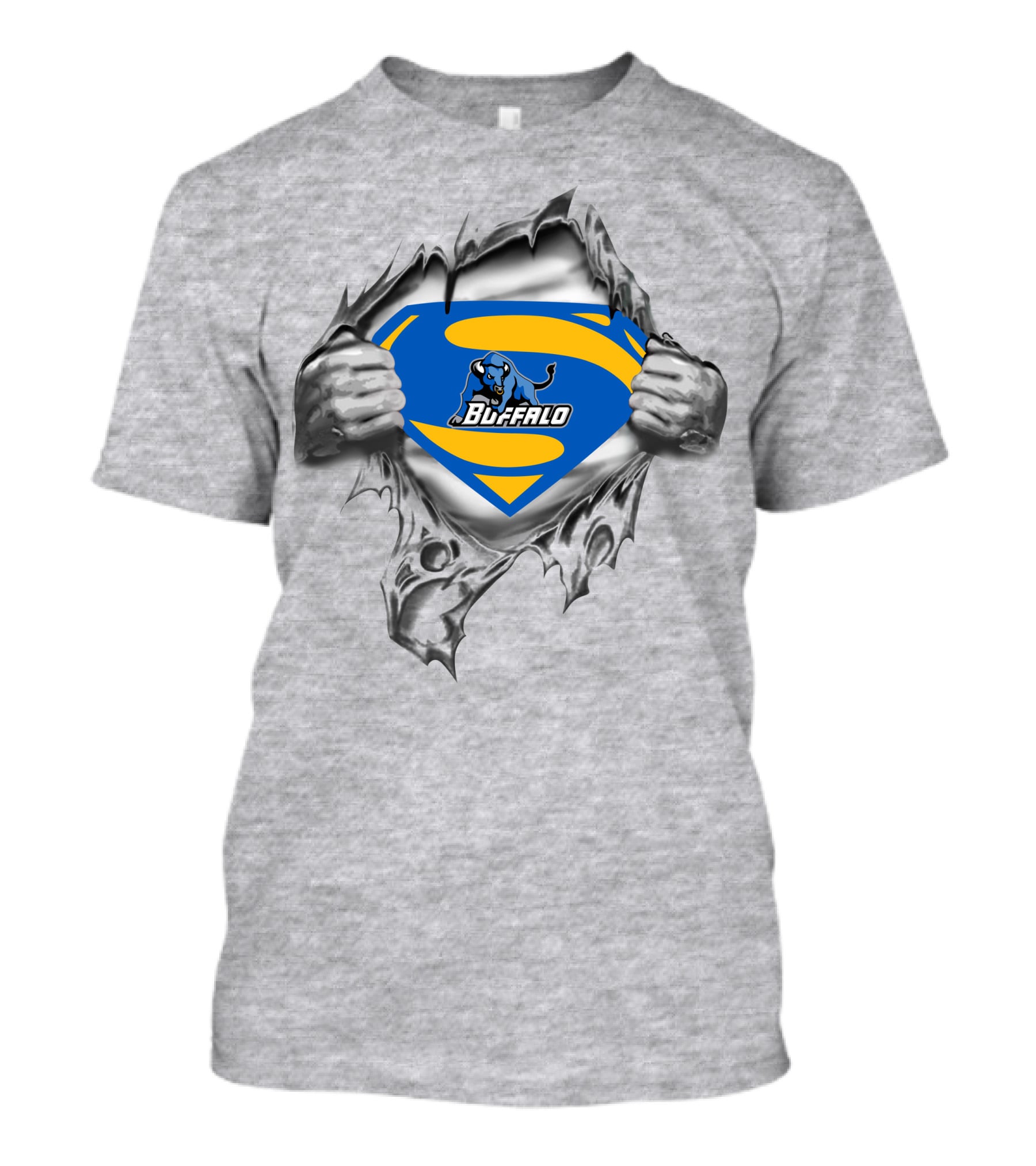 Buffalo Bulls Superman Logo With Silver Hands Tearing Through T-Shirt