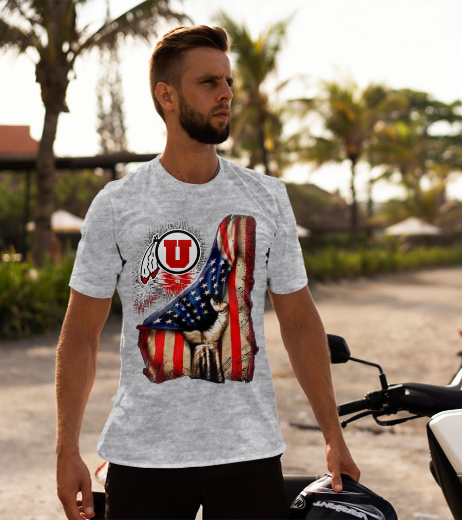 Utah Utes American Flag Background And Hand T-Shirt