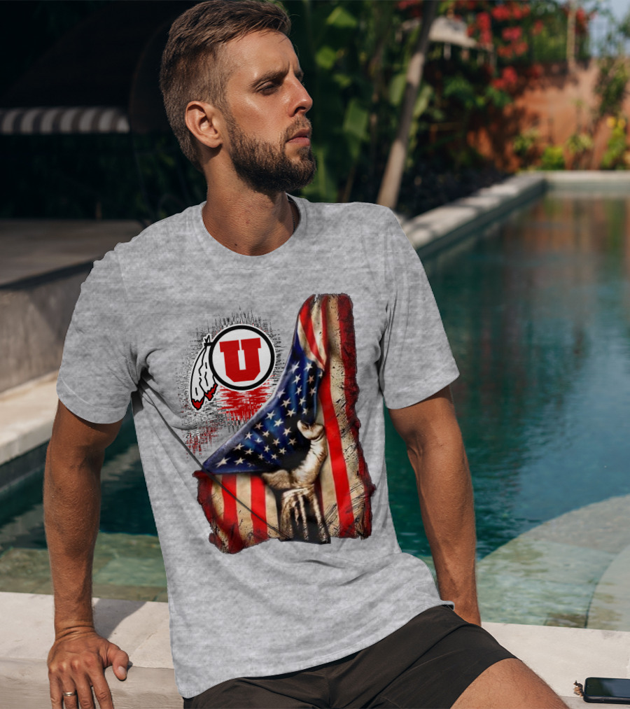 Utah Utes American Flag Background And Hand T-Shirt