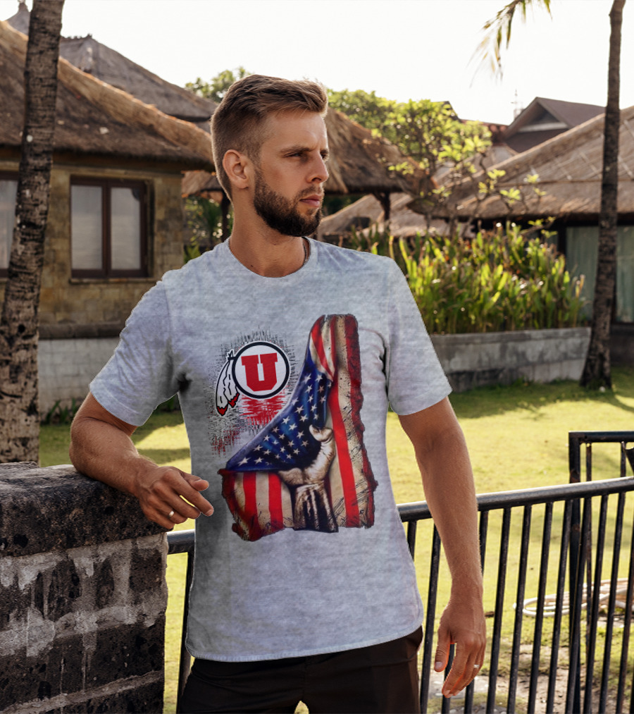 Utah Utes American Flag Background And Hand T-Shirt