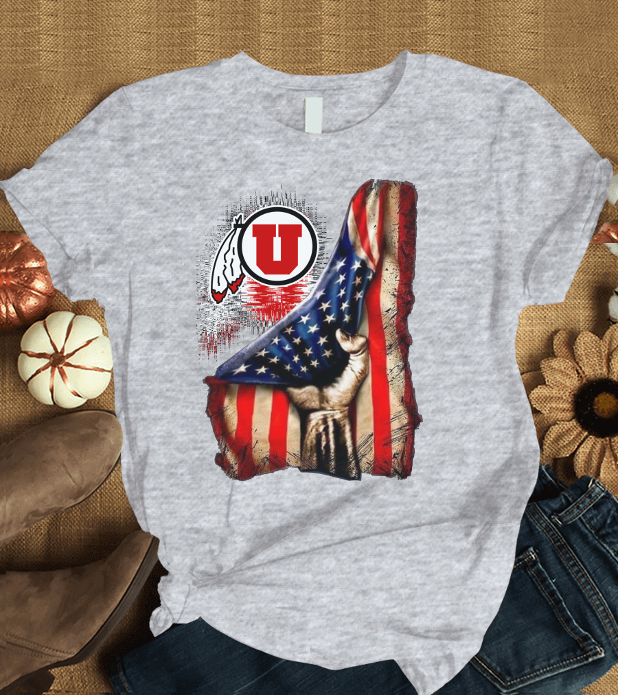 Utah Utes American Flag Background And Hand T-Shirt