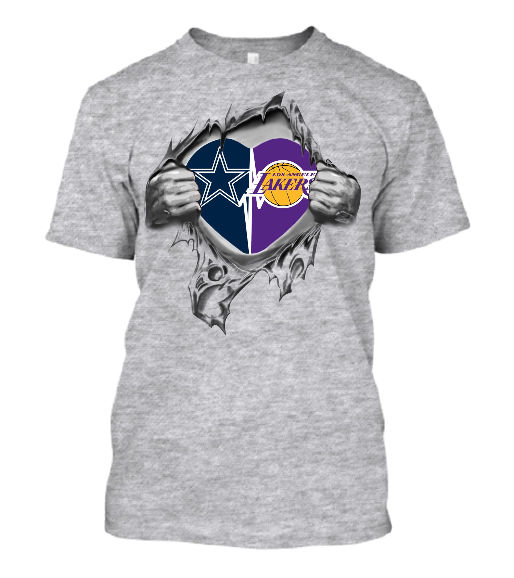 Los Angeles Lakers Dallas Cowboys Heart Silver Torn T-Shirt