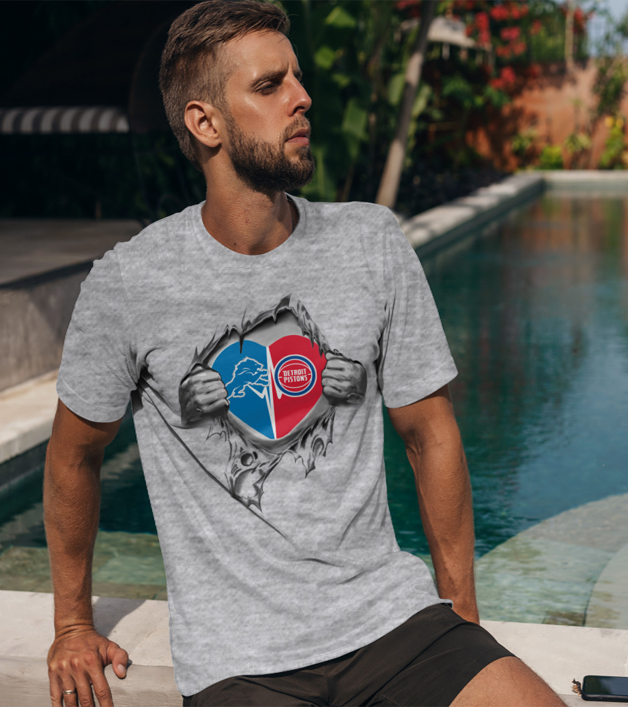 Detroit Lions And Detroit Pistons Heart Design With Hands Tearing Open T-Shirt