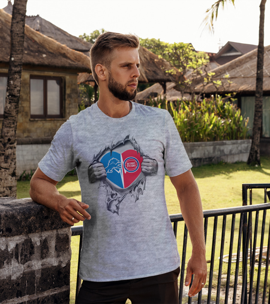 Detroit Lions And Detroit Pistons Heart Design With Hands Tearing Open T-Shirt