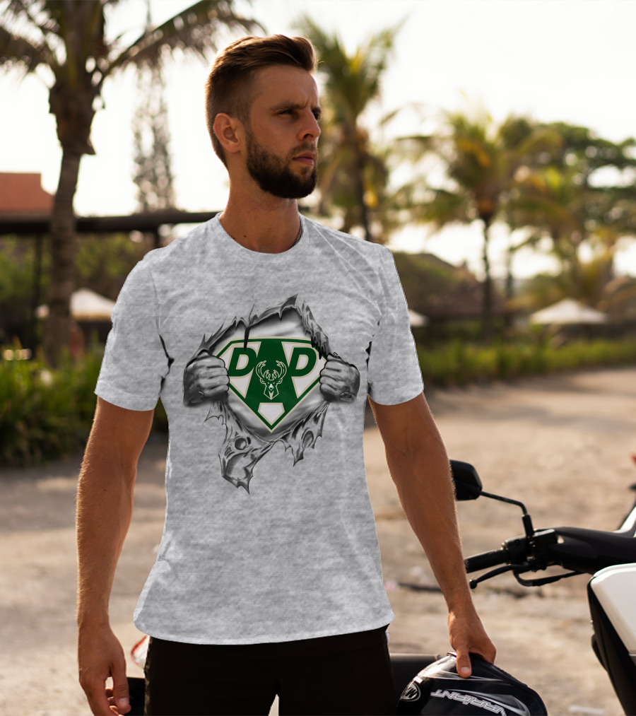 Milwaukee Bucks Super Dad Emblem With Ripped Superhero Suit And Deer T-Shirt