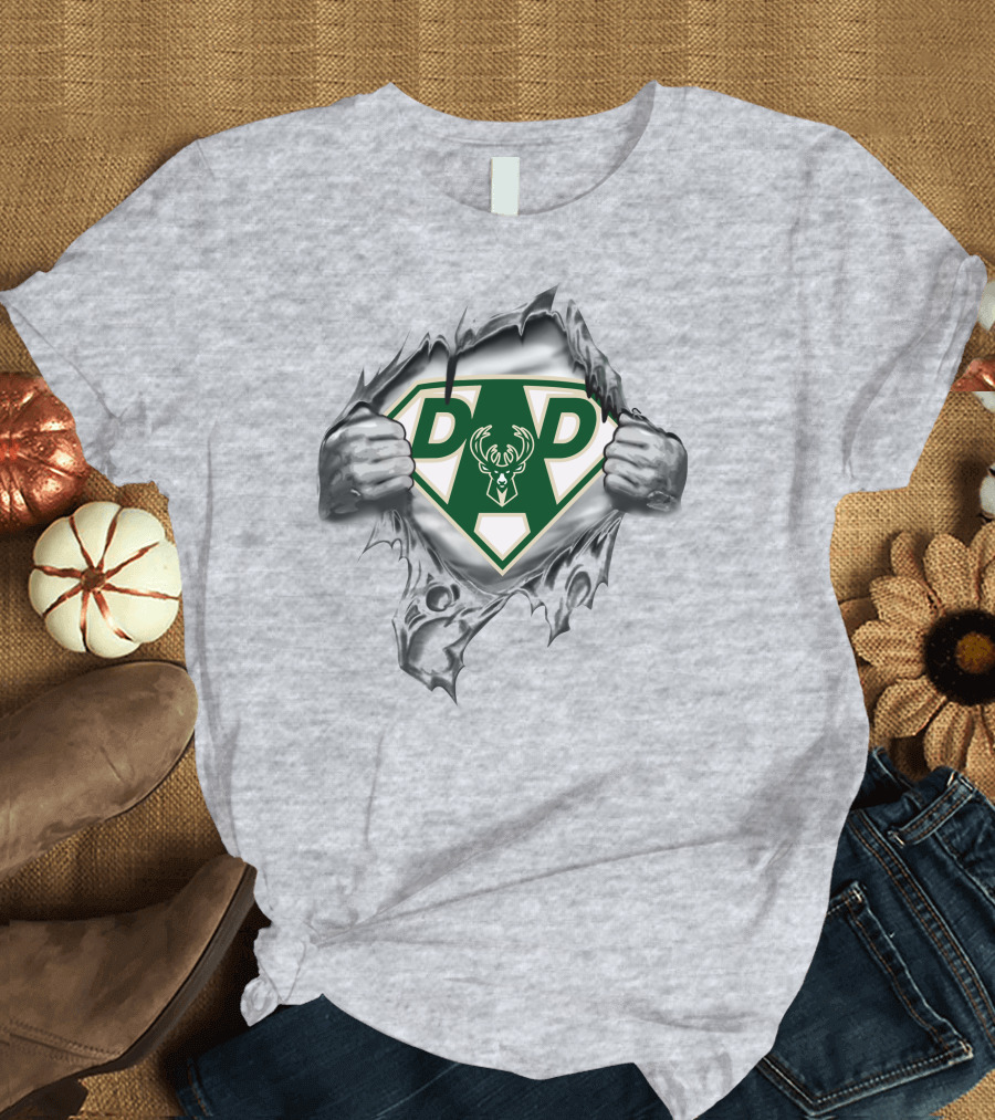 Milwaukee Bucks Super Dad Emblem With Ripped Superhero Suit And Deer T-Shirt