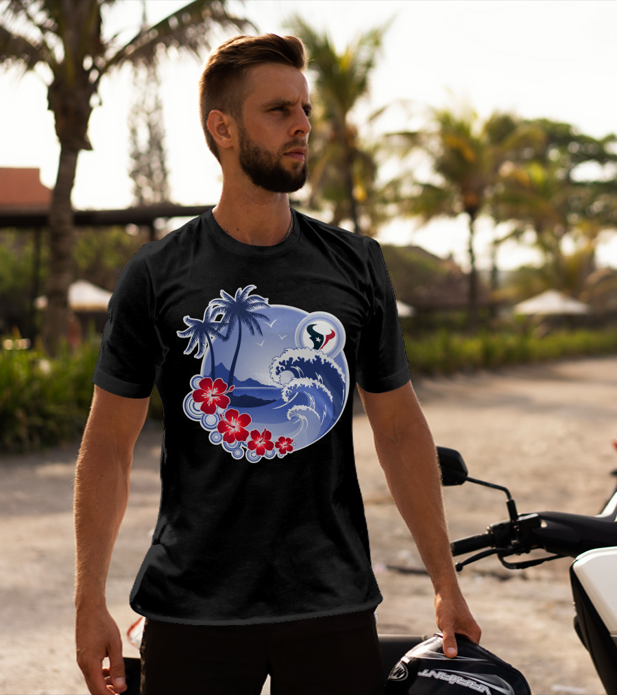 Houston Texans Happy Holidays Tropical Floral Beach Waves T-Shirt