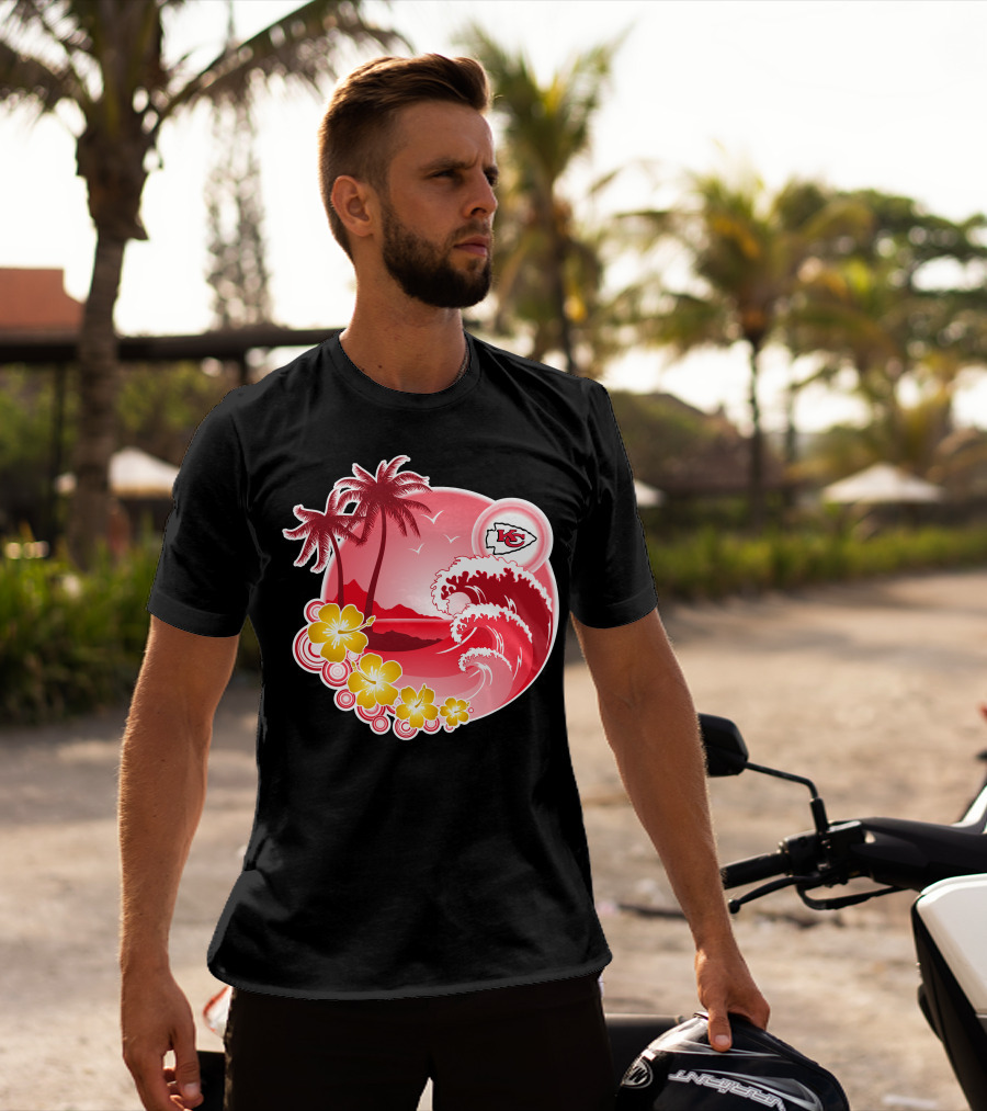 Kansas City Chiefs Happy Holidays Beach Wave Palm Trees Flowers Red T-Shirt