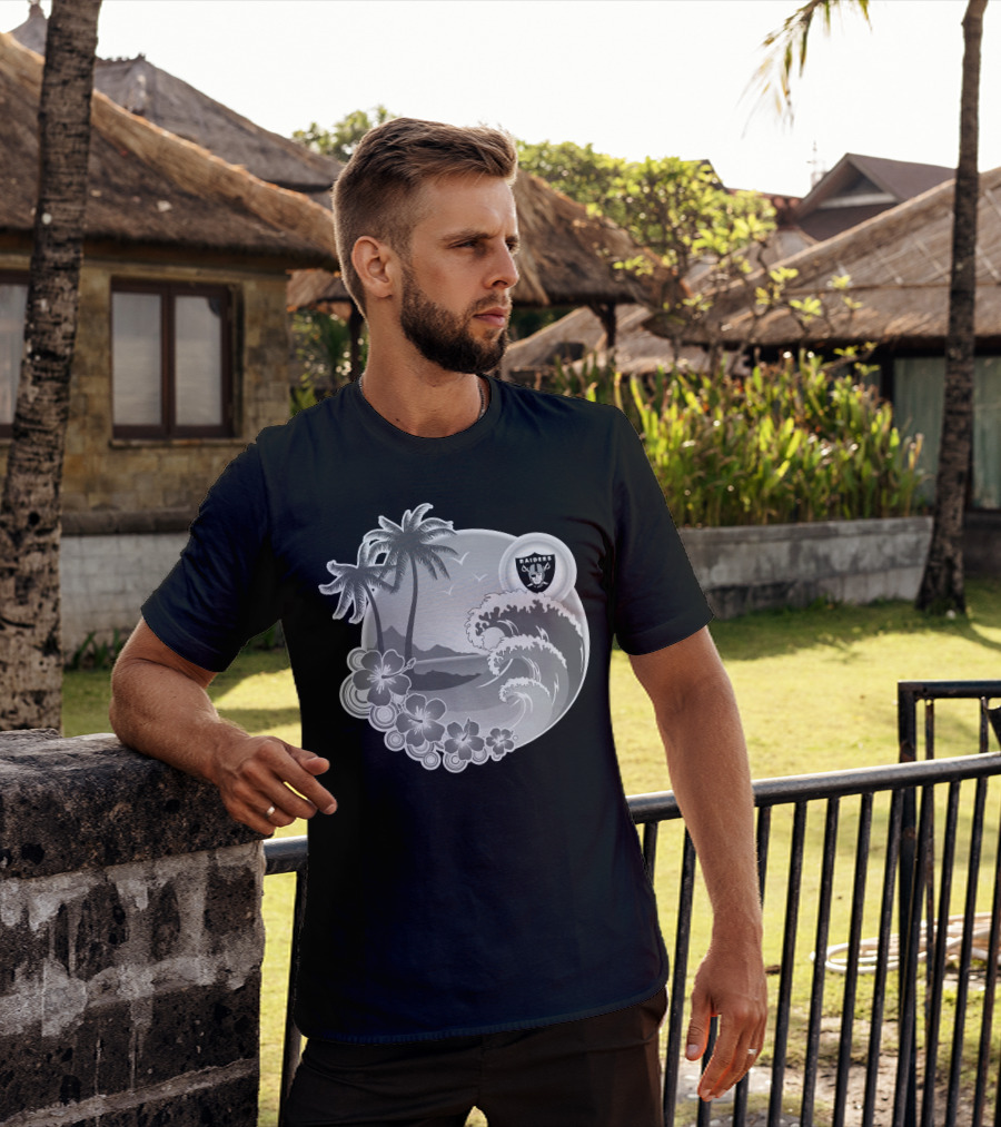 Las Vegas Raiders Happy Holidays Beach Scene With Palm Trees And Waves T-Shirt