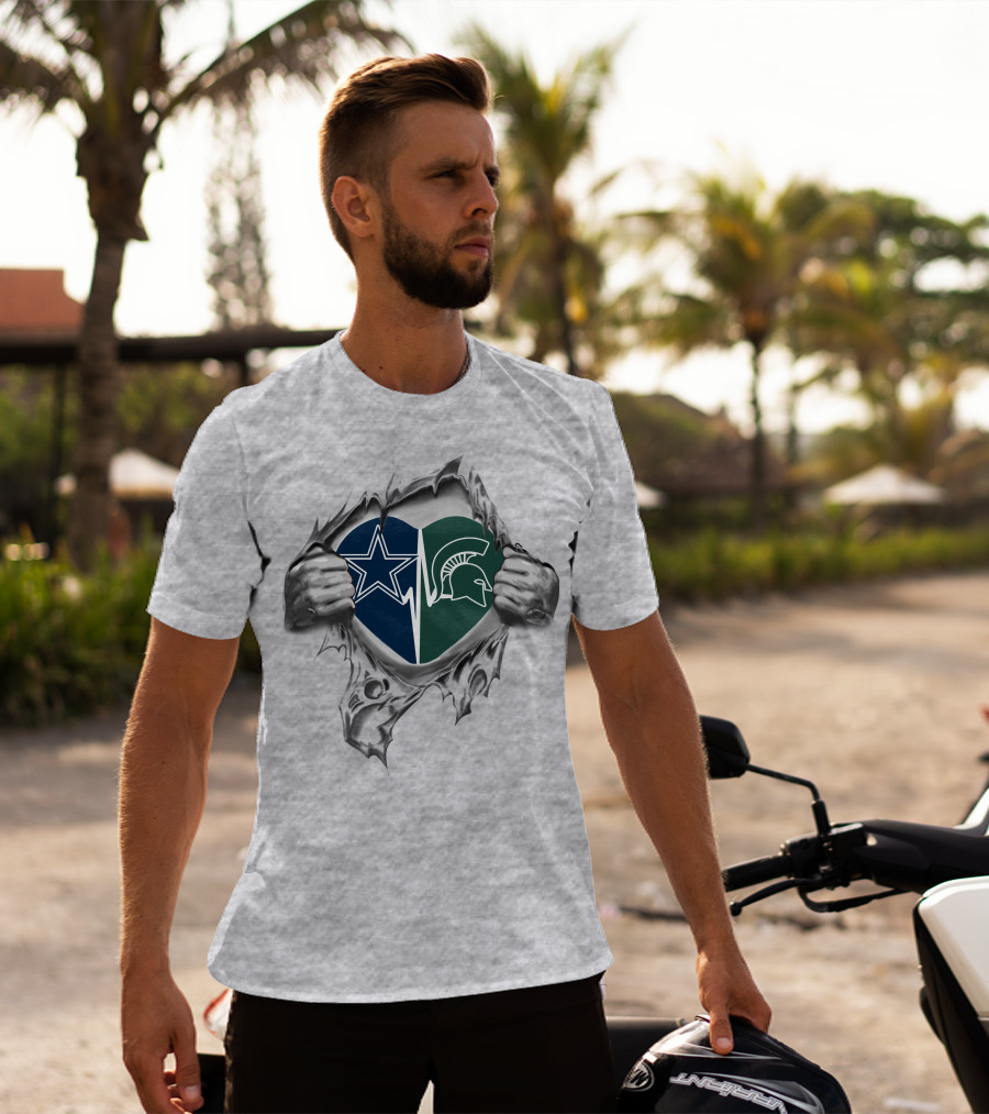Cowboys Michigan State Spartans Heart Design Inside Ripped Chest T-Shirt
