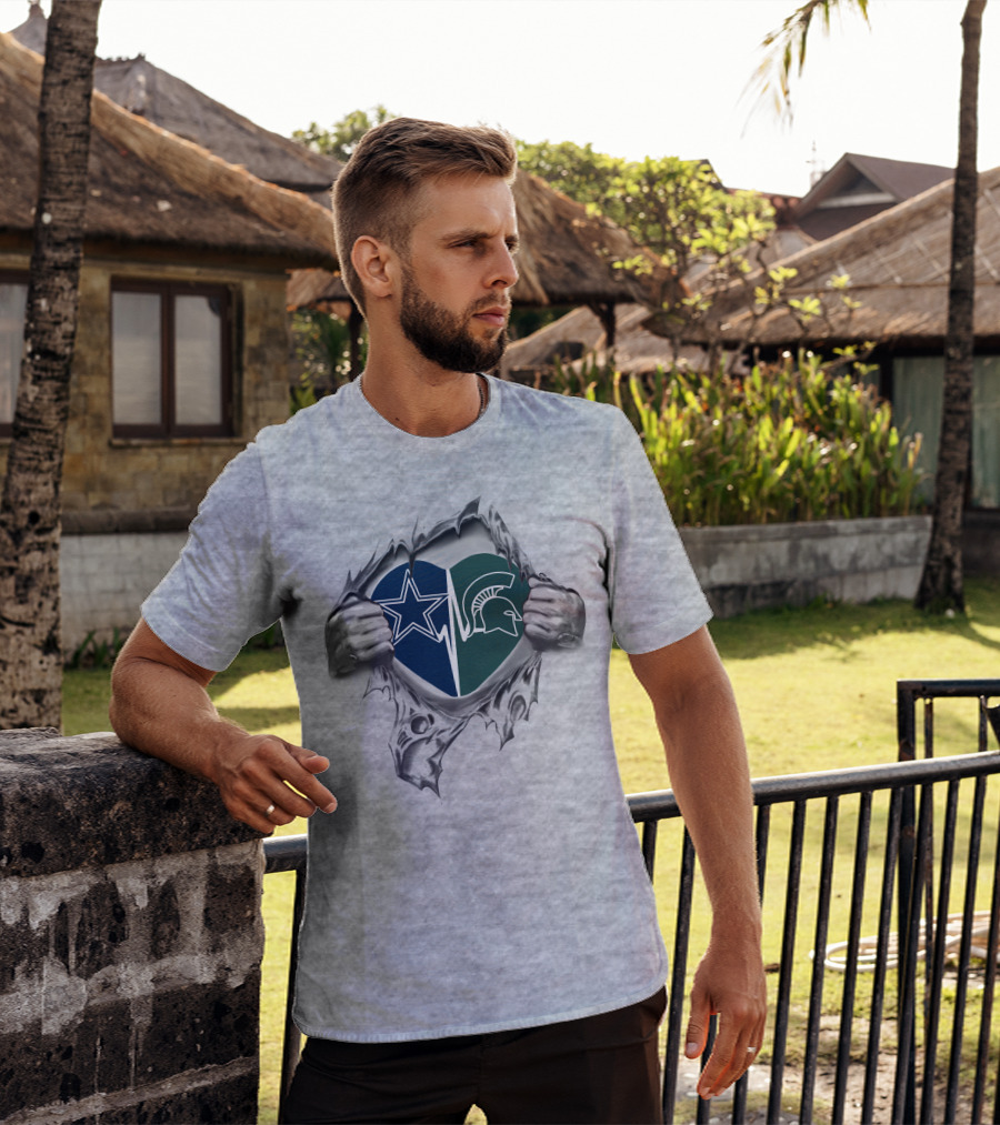 Cowboys Michigan State Spartans Heart Design Inside Ripped Chest T-Shirt