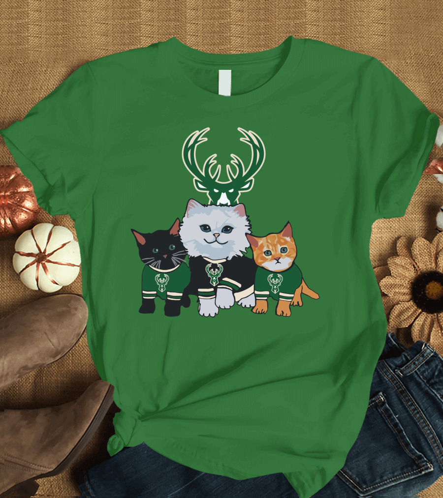 Milwaukee Bucks Cats Trio with Team Logos and Deer Antlers T-Shirt