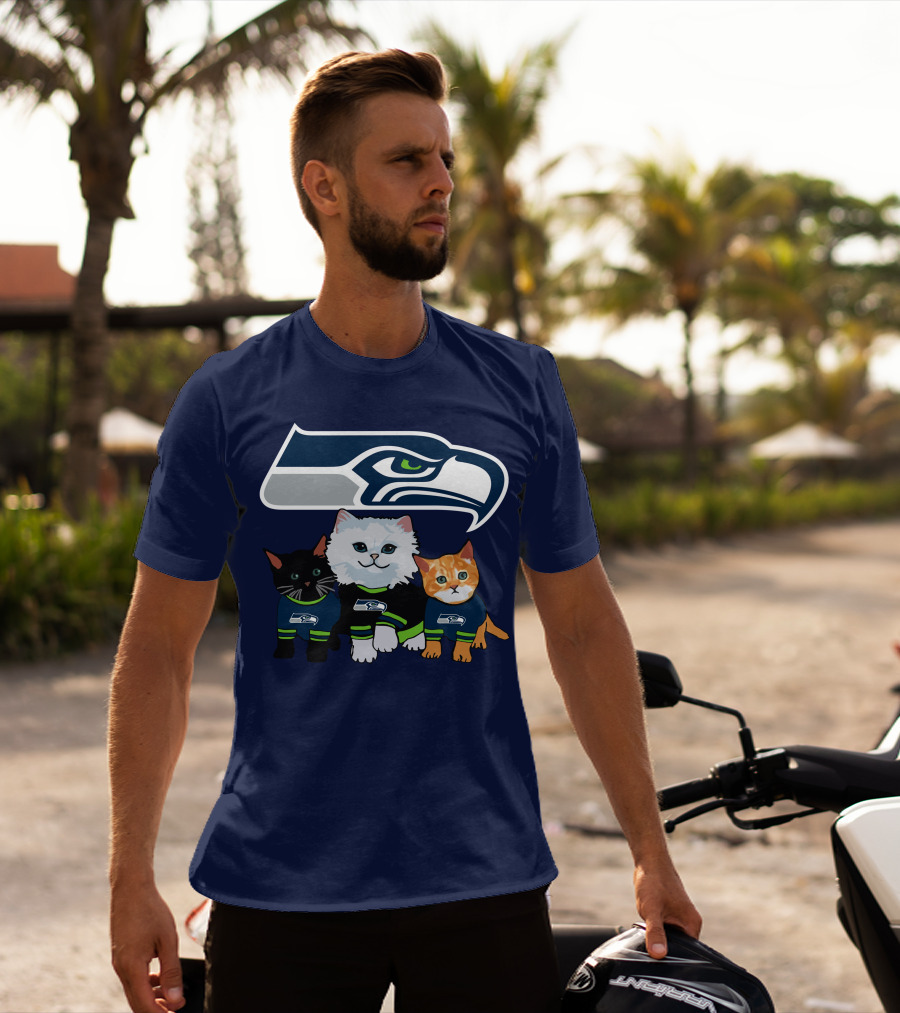 Seattle Seahawks Logo With Cats In Team Jerseys T-Shirt