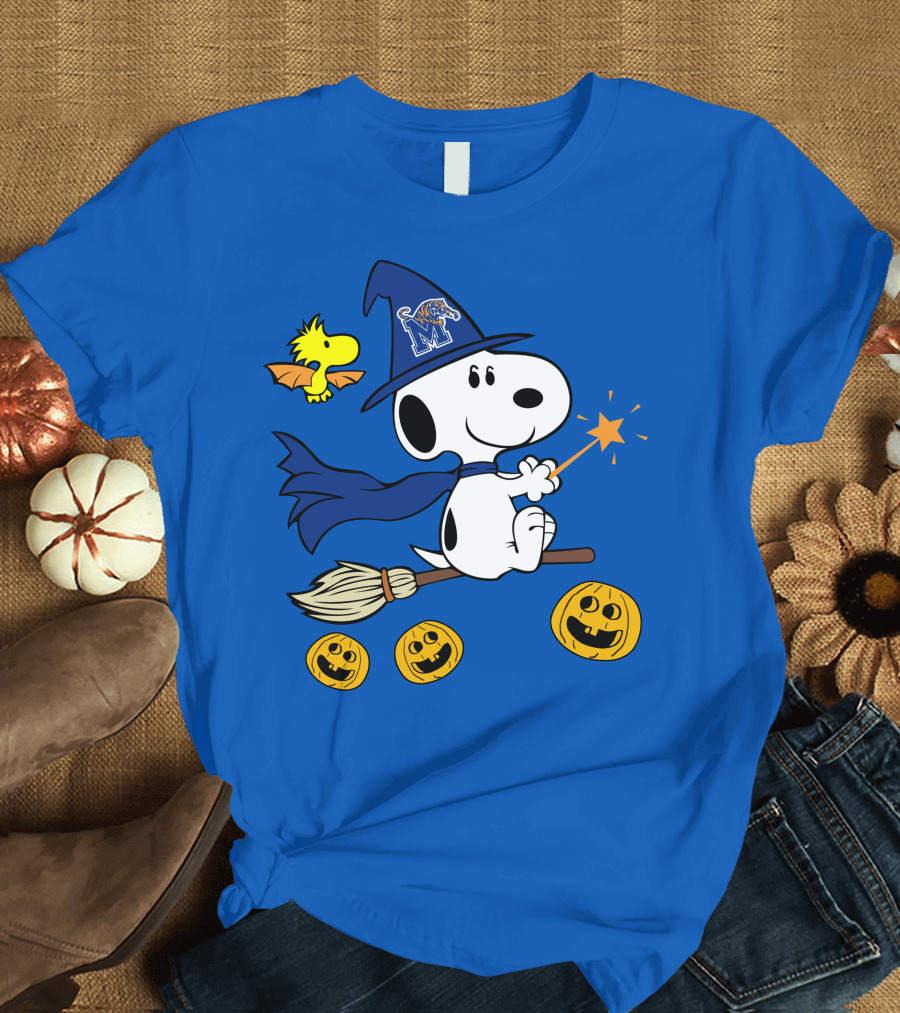 Snoopy and Woodstock Flying Witch with Memphis Tigers Hat and Happy Halloween Pumpkins T-Shirt