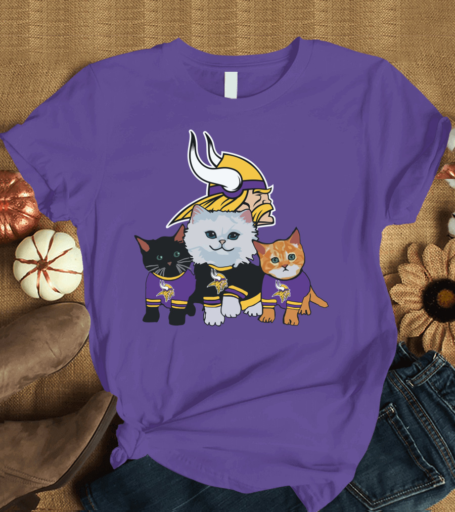 Minnesota Vikings Cats Wearing Team Jerseys with Viking Head T-Shirt