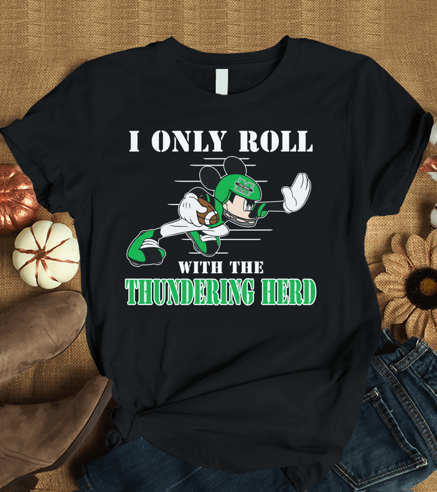 I Only Roll with the Thundering Herd Marshall M Football Player Cartoon T-Shirt