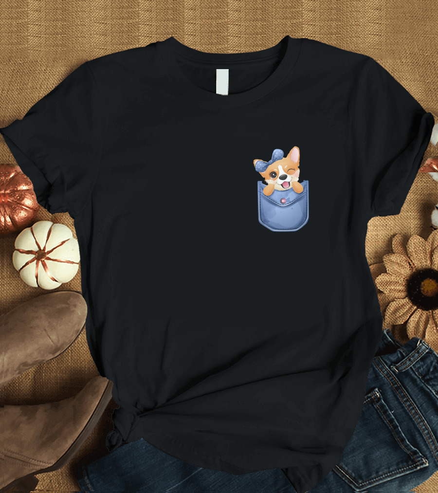 Corgi in Blue Pocket with Winking Bow T-Shirt