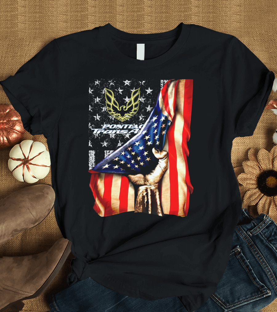 Pontiac Trans Am Eagle with American Flag Background and Stars T-Shirt