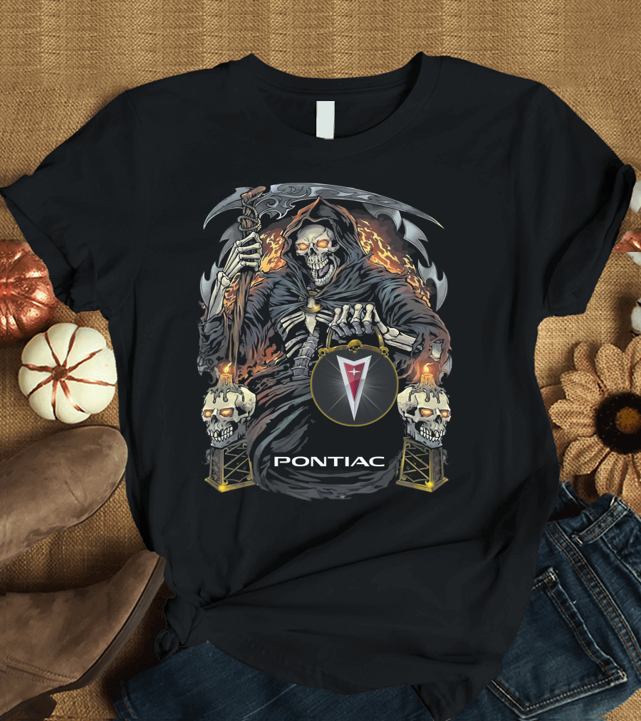 Pontiac Grim Reaper Holding Skull Flames T-Shirt