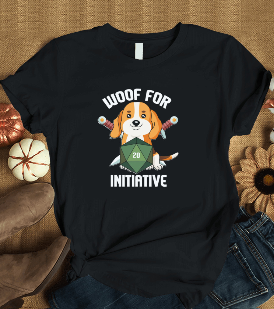 Woof For Initiative Beagle Dog 20 Dice with Swords T-Shirt