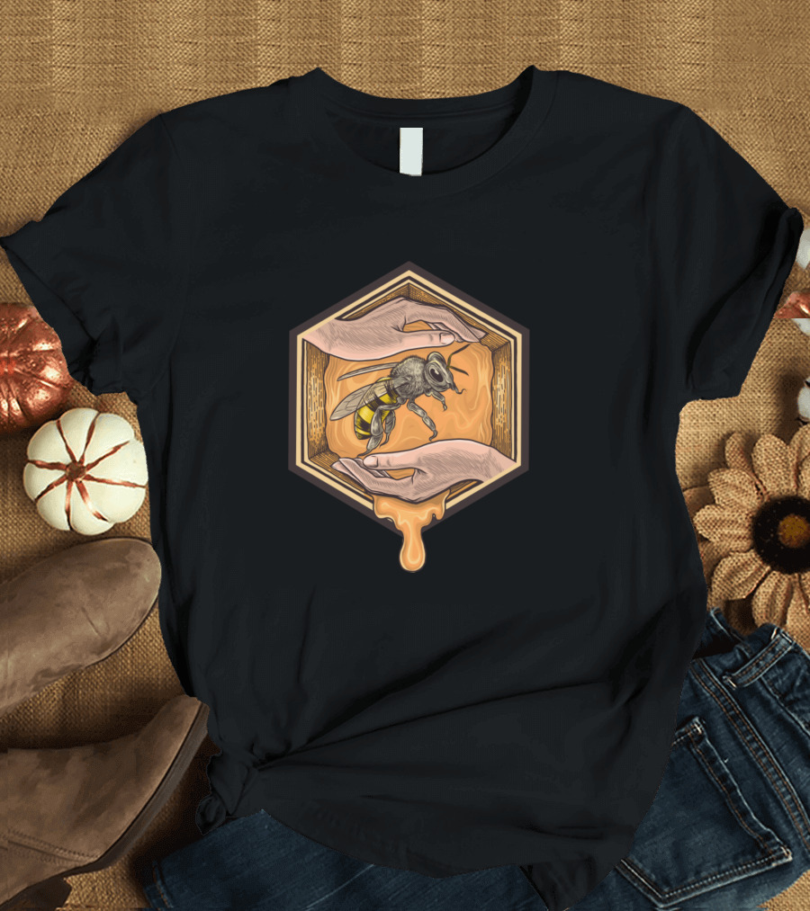 Bee in Hexagonal Honeycomb with Hands and Dripping Honey T-Shirt