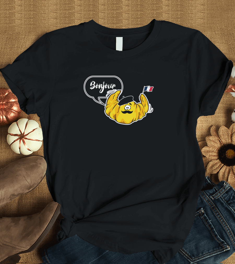 Bonjour Croissant French Mustache Beret Flag T-Shirt