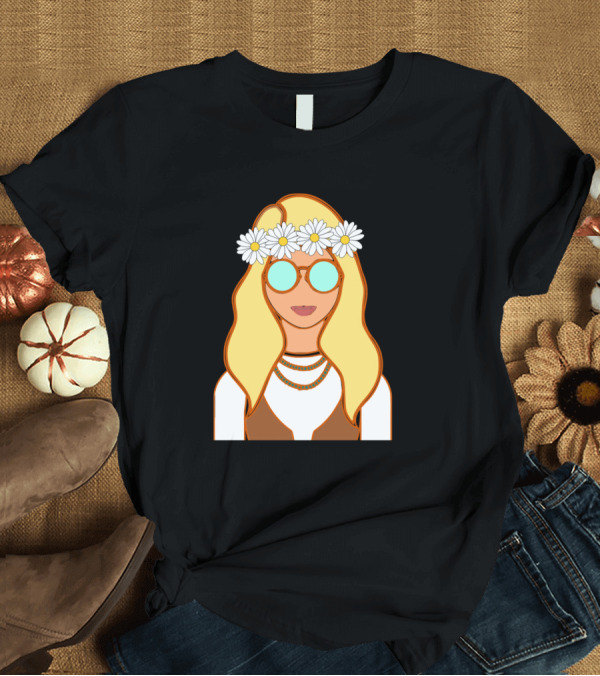 T-Shirt: Hippie Retro 70s Flower Child Girl with Glasses and Daisy Headband T-Shirt Hippie Retro 70s Flower Child Girl with Glasses and Daisy Headband T-Shirt
