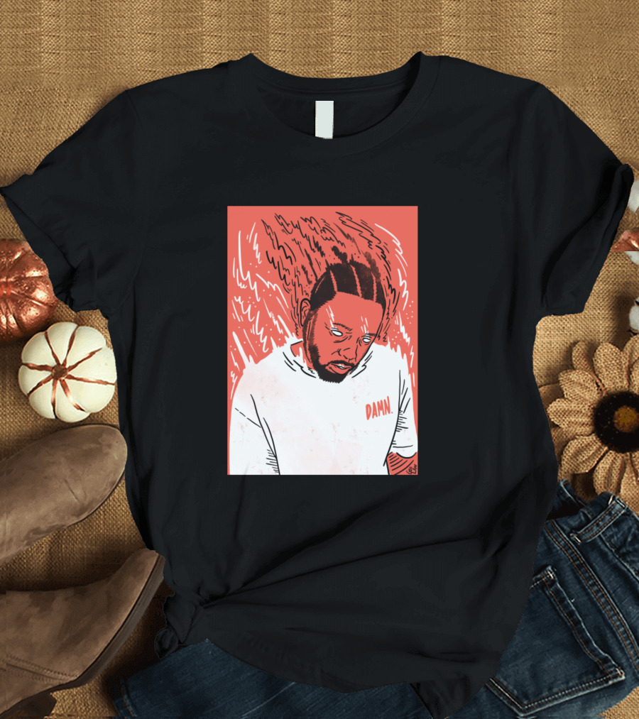 Kendrick Damn Red Sketch with Flaming Hair and White T-Shirt