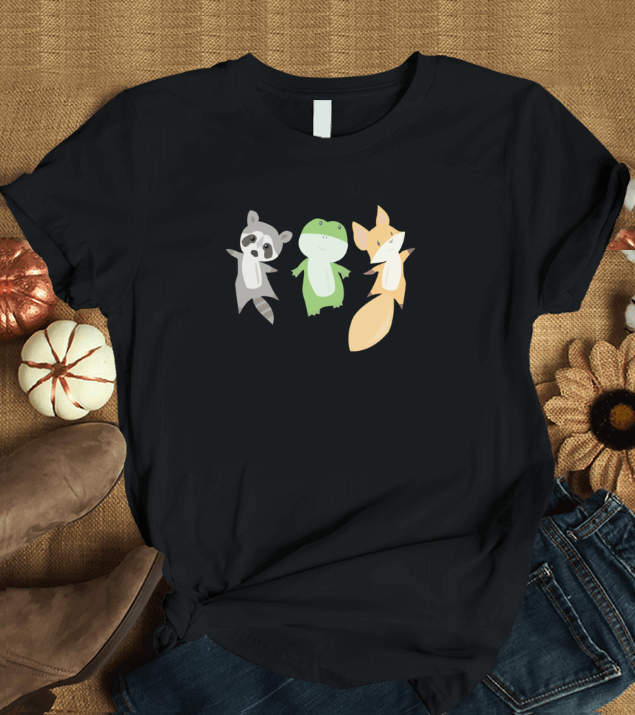 Raccoon Fox Frog Funny Animal Friends Dancing Trio T-Shirt