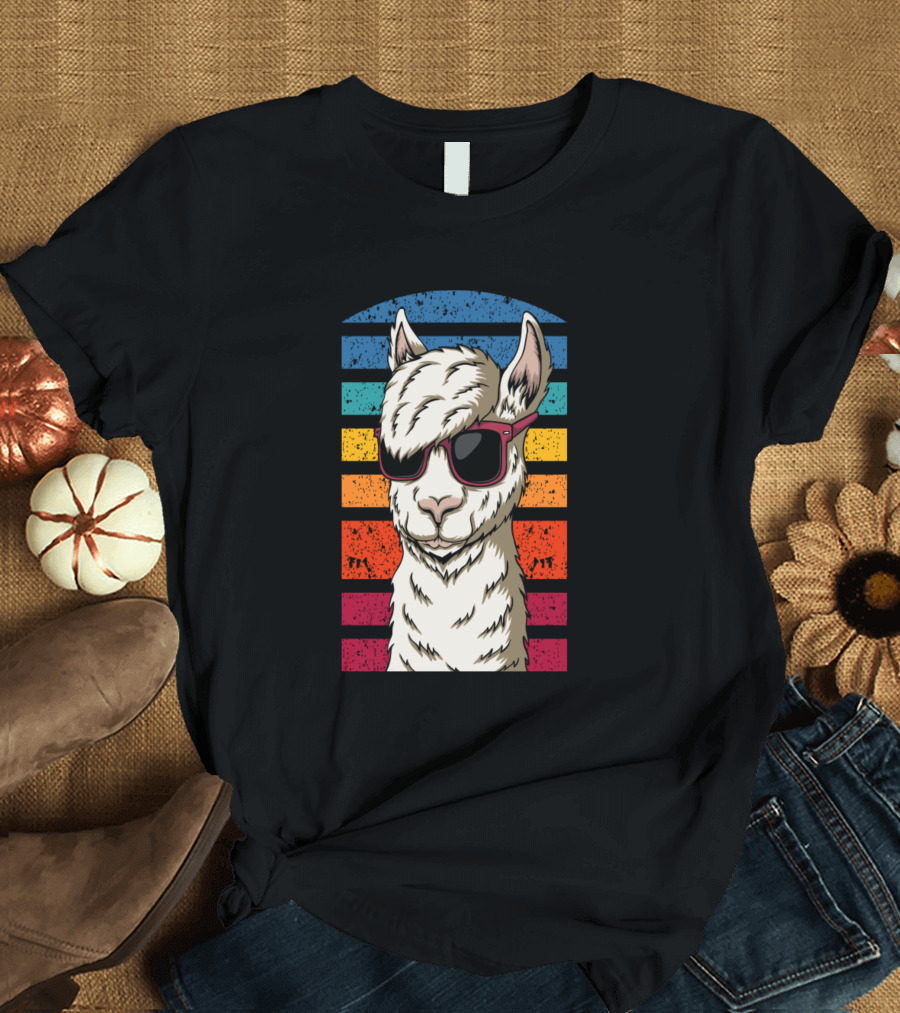 Retro Colorful Hipster Llama Sunglasses Stripes T-Shirt