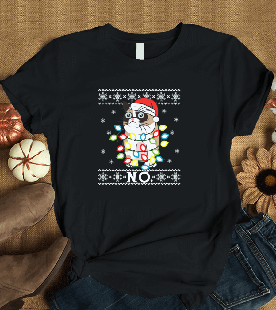 Ungly Christmas Cat No Santa Hat Wrapped in Christmas Lights with Snowflakes T-Shirt