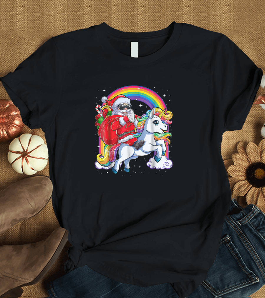 Unicorn Santa Claus Rainbow Christmas Girls T-Shirt